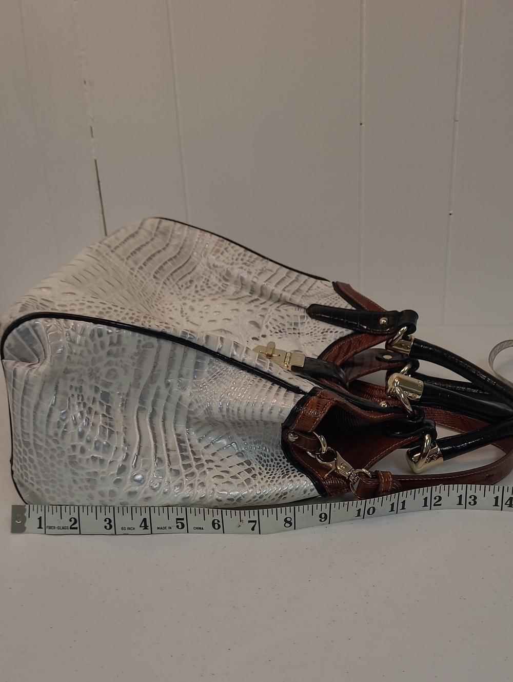 Brahmin White/Silver Croc-Embossed Hobo Satchel with Brown/Black/Gold Tone Trim - Picture 8 of 16